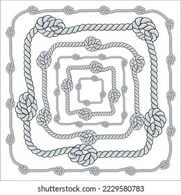 Square rope frame isolated on white background. Twisted cord with decorative loops and nautical knots. Braided rope decor. Vintage flat cartoon vector border.