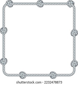 Square rope frame isolated on white background. Twisted cord with decorative loops and nautical knots. Braided rope decor. Vintage flat cartoon vector border.