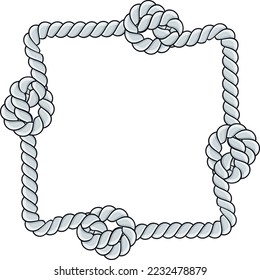 Square rope frame isolated on white background. Twisted cord with decorative loops and nautical knots. Braided rope decor. Vintage flat cartoon vector border.