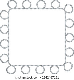 Square rope frame isolated on white background. Twisted cord with decorative loops and nautical knots. Braided rope decor. Vintage flat cartoon vector border.
