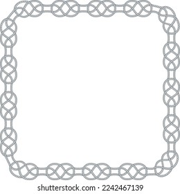 Square rope frame isolated on white background. Twisted cord with decorative loops and nautical knots. Braided rope decor. Vintage flat cartoon vector border.