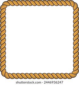 Square rope frame isolated on white background. Twisted cord with decorative loops and nautical knots. Braided rope decor. Vintage flat cartoon vector border.