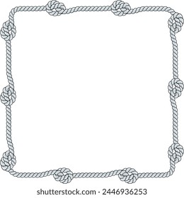 Quadratischer Seilrahmen isoliert auf weißem Hintergrund. Verdrehte Schnur mit dekorativen Loopen und Seeknoten. Dekor aus geflochtenem Seil. Klassische flache Cartoon-Vektorgrafik-Grenze.