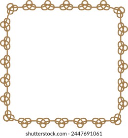 Square rope frame isolated on white background. Twisted cord with decorative loops and nautical knots. Braided rope decor. Vintage flat cartoon vector border.