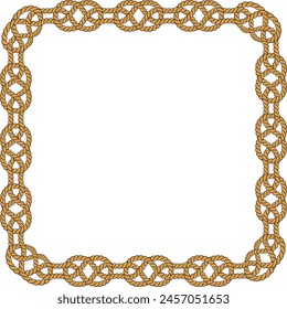 Square rope frame isolated on white background. Twisted cord with decorative loops and nautical knots. Braided rope decor. Vintage flat cartoon vector border.