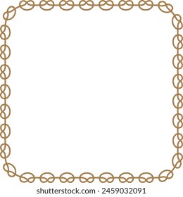 Square rope frame isolated on white background. Twisted cord with decorative loops and nautical knots. Braided rope decor. Vintage flat cartoon vector border.