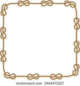 Square rope frame isolated on white background. Twisted cord with decorative loops and nautical knots. Braided rope decor. Vintage flat cartoon vector border.