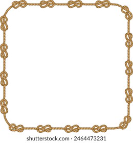 Marco de cuerda cuadrado aislado sobre fondo blanco. Cordón retorcido con bucles decorativos y nudos náuticos. Decoración de cuerda trenzada. Borde de Vector plano de dibujos animados de Antiguas.
