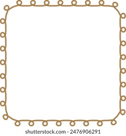 Square rope frame isolated on white background. Twisted cord with decorative loops and nautical knots. Braided rope decor. Vintage flat cartoon vector border.