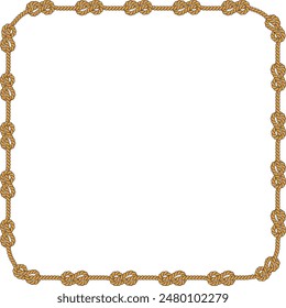 Square rope frame isolated on white background. Twisted cord with decorative loops and nautical knots. Braided rope decor. Vintage flat cartoon vector border.