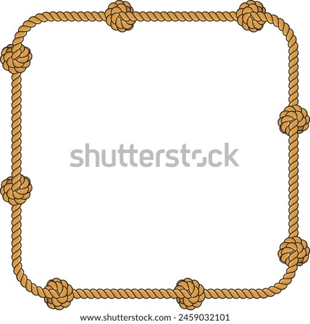 Square rope frame isolated on white background. Twisted cord with decorative loops and nautical knots. Braided rope decor. Vintage flat cartoon vector border.