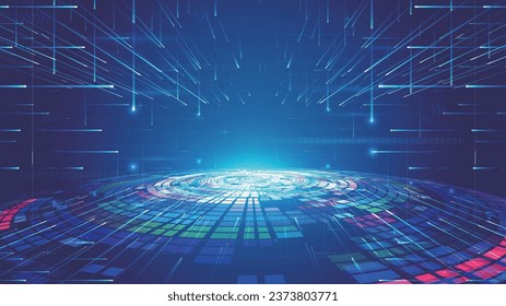 Square rotating booth with luminous ray network technology spatial background