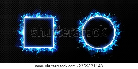 Square and round blue fire frames png isolated on transparent background. Realistic vector illustration of ui neon borders burning in cold ice flame with sparkles and smoke. Game avatar design element