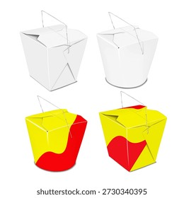 Caja de fideos de cartón para llevar china con mango de alambre de metal de fondo cuadrado y redondo. Blanco en blanco y diseño de color. Maqueta fácil de editar. Contenedor de comida asiática. Maqueta. Cubo de papel wok. Plantilla