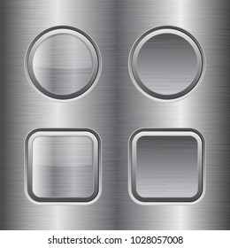 Square and round buttons. Metal brushed texture. Vector 3d illustration
