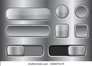 Square and round buttons, sliders. Metal brushed texture. Vector 3d illustration