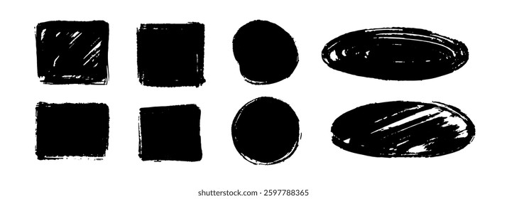 Square and round dry paint stain set. Black grunge geometric chalk collection. Textured brush stroke element pack. Hand drawn charcoal blobs for frame, template, poster, banner, text box. Vector