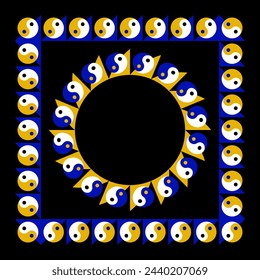 Square and round frame with border pattern of colored Yin-Yang symbols. Optical illusion as if they are moving.