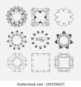 square and round frames from decorative elements, graceful ornament, black, white, beads, chains, jewelry, hand-drawn, vector