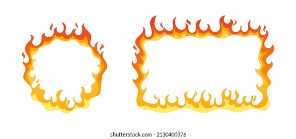 Square and Round Frames with Fire Flames, Cartoon Burning Gas Borders with Flying Sparks Isolated Design Elements. Burn Long Orange Tongues on Frame Edges, Circus Ring or Hoop. Vector Illustration