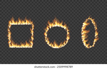 Square and round frames made of fire. Realistic fire set. Flame fire illustrations. 