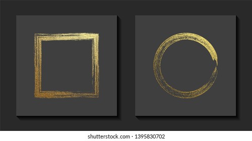 Square and round golden frames on a grey background. Luxury vintage border, Label, logo design element. Hand drawn vector Illustration. Abstract gold brush stroke