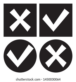 Square and round icons. Check mark and cross. Right and wrong. Black and white design. Vector illustration