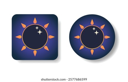 Square and round icons with total solar eclipse in flat design. Hand drawn isolated vector illustrations of weather of sun icons.