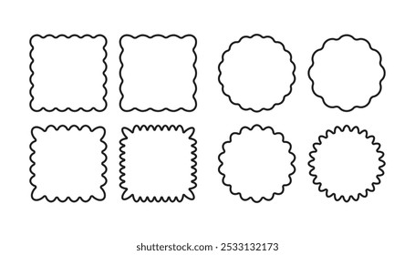Quadros lineares quadrados e redondos com bordas onduladas definidas. Formas geométricas com contornos irregulares.