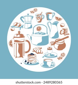 Square and round set of traditional breakfast. Blue and brown colors. Vector flat illustration. Cafe and restaurant menu.