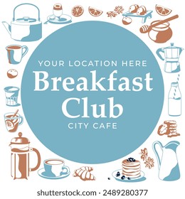 Square and round set of traditional breakfast. Blue and brown colors. Vector flat illustration. Cafe and restaurant menu.