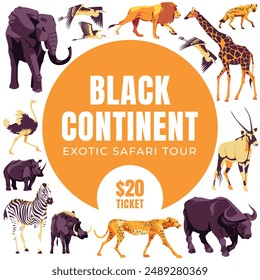Square and round set of wild African animals. Orange color. Vector flat illustration. Zoo and tourism