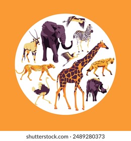 Square and round set of wild African animals. Orange color. Vector flat illustration. Zoo and tourism
