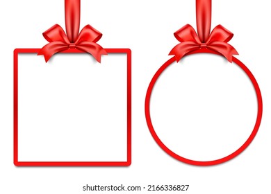 Square and round shape red giftbox vector frame set with satin ribbon, isolated on white background.