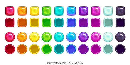 Square and round slimy frames and buttons for game or app design. Vector colorful glossy GUI or UI assets, multicolored icons set. Isolated web elemnts on white background.