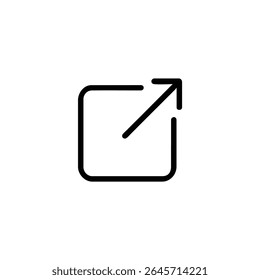 Quadrado com cantos arredondados, uma seta interna rompe a borda superior direita, para 'abrir nova janela'. Traços monolínicos de 1,5px, 2D plano.