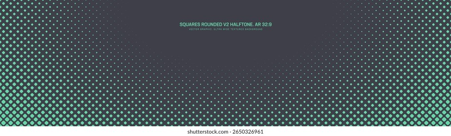 Square rounded dots turquoise halftone pattern semicircle border ultra wide 32:9 aspect ratio vector abstract background. Half tone graphic panoramic ultrawide format futuristic cyberpunk abstraction