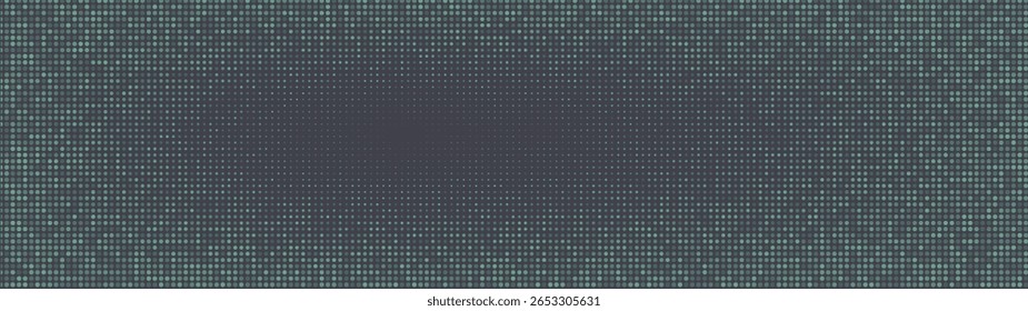 Pontos quadrados arredondados turquesa padrão de meio-tom borda semicírculo ultra largo 32:9 proporção vetor abstrato fundo. Formato panorâmico panorâmico de meio tom ultra largo futurista cyberpunk abstração