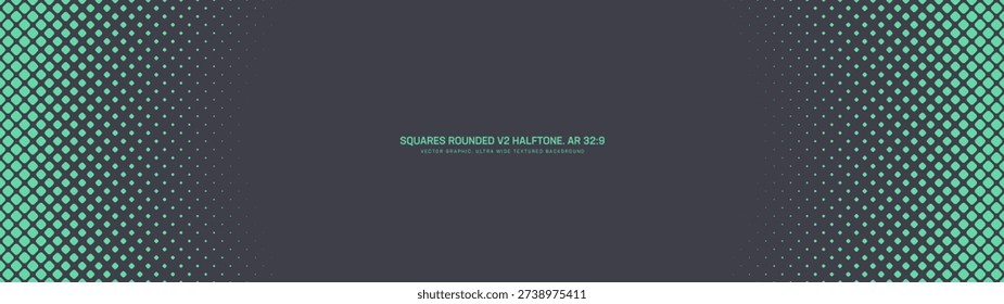 Square rounded dots turquoise halftone pattern rounded border ultra wide 32:9 aspect ratio vector abstract background. Half tone graphic panoramic ultrawide format futuristic cyberpunk design element