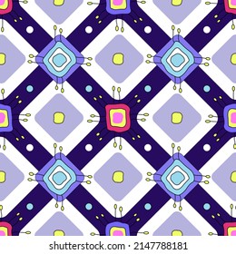 Square and rounded multicolored shapes with tendrils and rounded corners create a festive pattern. Colorful abstract seamless texture. Vector illustration.