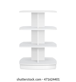 Square Rounded POS POI Cardboard Floor Display Rack For Supermarket Blank Empty Displays. Products Mock Up On White Background Isolated. Ready For Your Design. Product Advertising. Vector EPS10