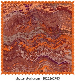 Square rug with abstract grunge wavy pattern in orange, brown, beige colors with decorative fringe isolated on white background