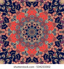 Square rug with mandala in indian style. Seamless vector pattern,