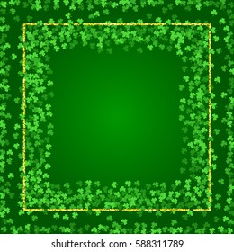 Square Saint Patricks Day background with green clover confetti. Embedded frames of shamrock leaves and golden glitter. Template for greeting card design, banner, flyer, party invitation.