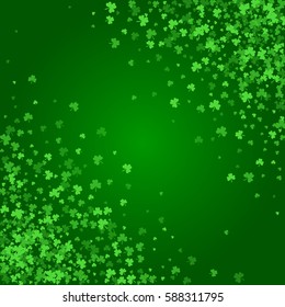 Square Saint Patricks Day background with green clover confetti. Frame of shamrock leaves with diagonal stripe for text. Template for greeting card design, banner, flyer, party invitation.