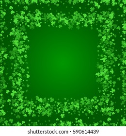 Square Saint Patricks Day background with green clover confetti. Embedded frames of shamrock leaves. Template for greeting card design, banner, flyer, party invitation.