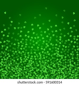 Square Saint Patricks Day background with floating green clover confetti. Soaring shamrock leaves. Template for greeting card design, banner, flyer, party invitation.