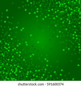 Square Saint Patricks Day background with green clover confetti. Frame of shamrock leaves with diagonal stripe for text. Template for greeting card design, banner, flyer, party invitation.