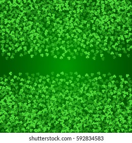 Square Saint Patricks Day background with green clover confetti. Frame of shamrock leaves with narrow stripe for text. Template for greeting card design, banner, flyer, party invitation.