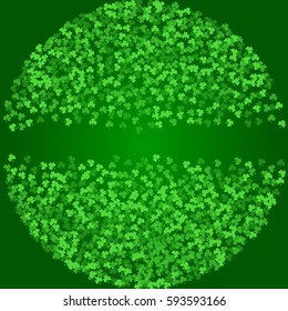 Square Saint Patricks Day background with green clover confetti. Round frame of shamrock leaves with narrow stripe for text. Template for greeting card design, banner, flyer, party invitation.